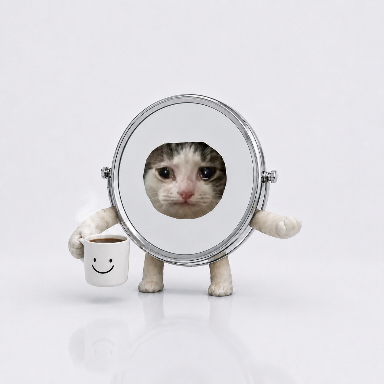 Mirror Cat holding a coffee mug
