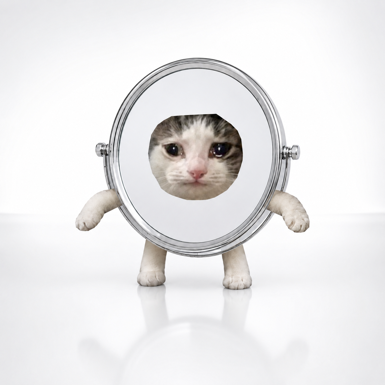 Mirror Cat standing on a white floor
